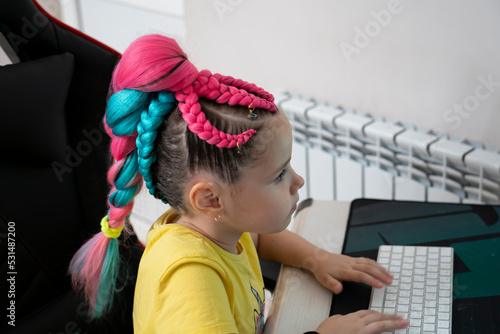 A girl with pink kanekalon braids sits at a computer. High quality photo photo