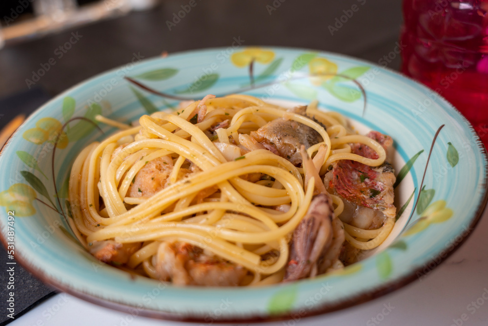 spaghetti with seafood in Liguria italy 