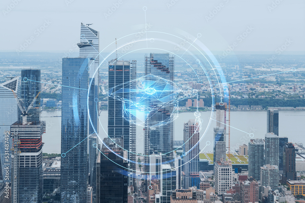 Aerial panoramic city view of West Side Manhattan and Hudson Yards district at day time, NYC, USA. Technologies and education concept. Academic research, top ranking university, hologram
