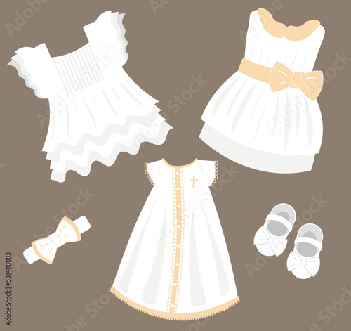 Baby girl wedding, baptism clothes, dress, shoes, band in colors. Cute wedding and baptism dress for ceremony. Vector illustration icon set.