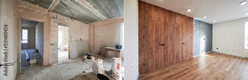 Comparison of old room with building tools and new renovated room. Photo collage of apartment before and after restoration. Concept of home renovation.