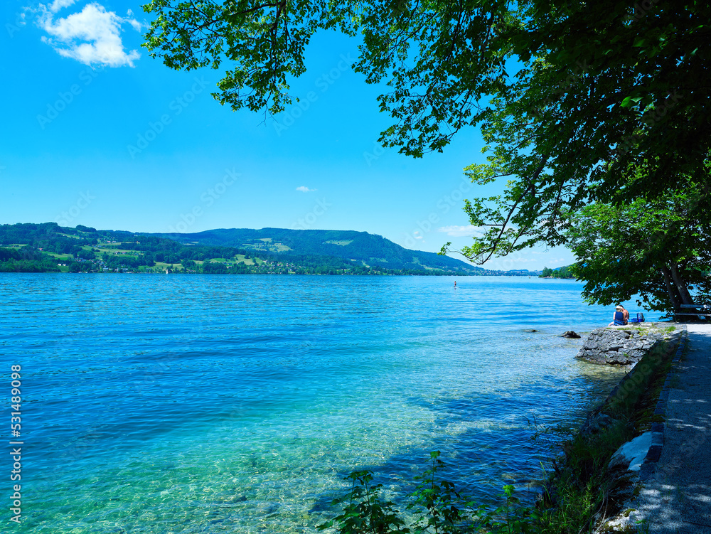 Fototapeta premium Beautiful Attersee lake landscape in Austrian Alps.