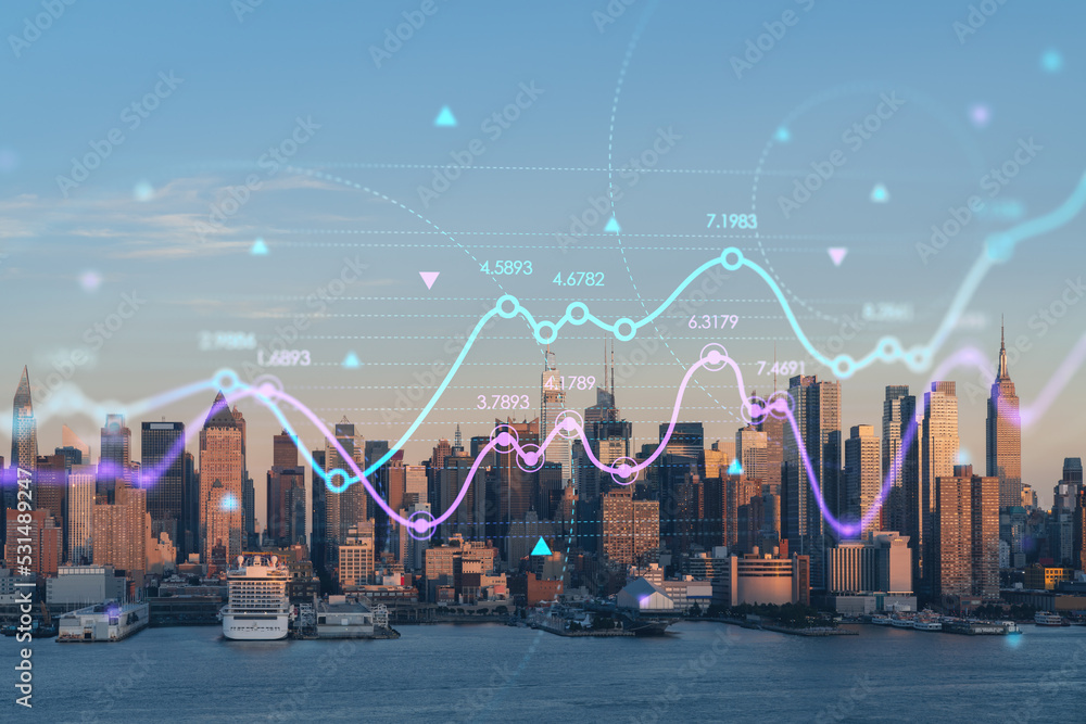 New York City skyline from New Jersey over Hudson River, Midtown Manhattan skyscrapers at sunset, USA. Forex graph hologram. The concept of internet trading, brokerage and fundamental analysis