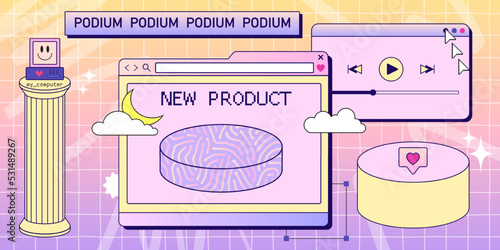 Retro browser computer window in 90s vaporwave style with podium for new product. Retrowave pc desktop with platform display, message boxes and popup user interface elements, Vector illustration of UI