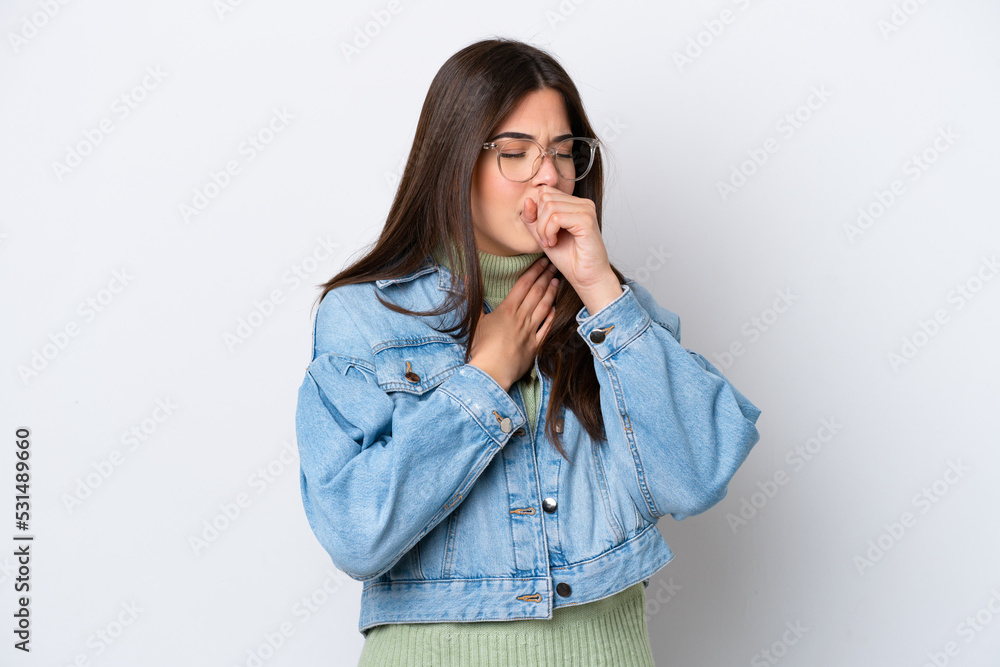 Young Brazilian woman isolated on white background coughing a lot Young Brazilian woman isolated on white background coughing a lot