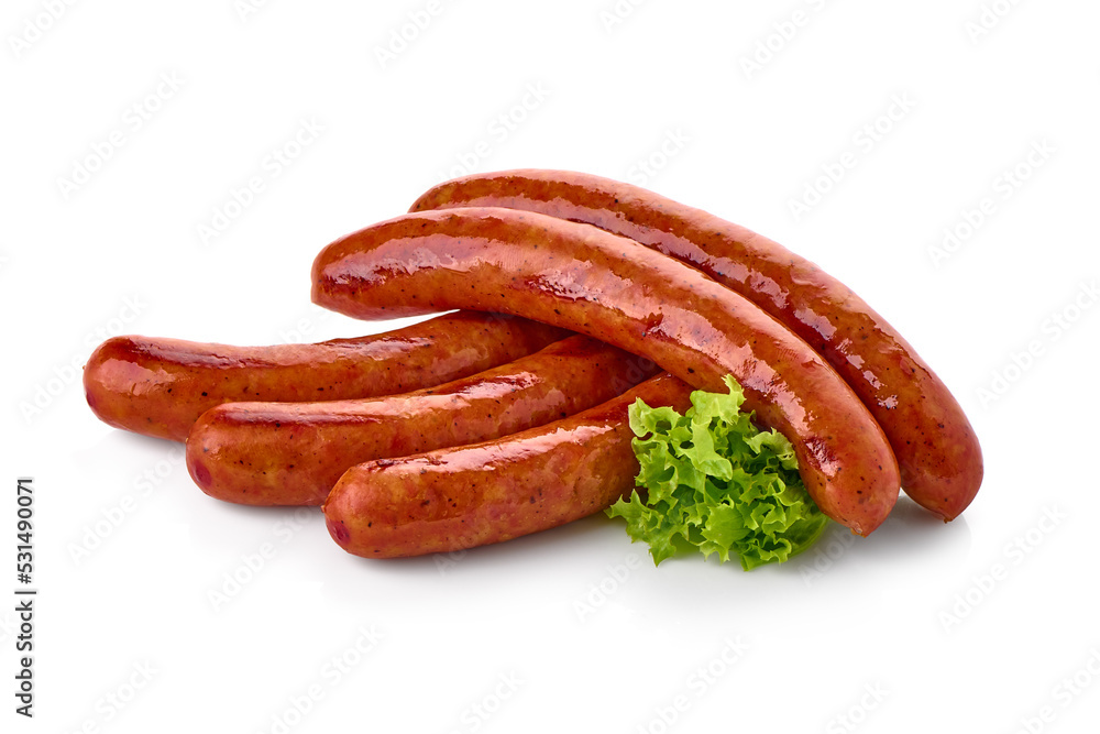 Smoked sausages, isolated on white background. Smoked sausages, isolated on white background.