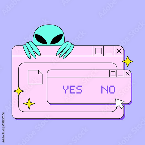 Retro digital screen user interface in y2k style. Old computer window with alien and pixel words yes and no. Vector illustration in retrowave aesthetic