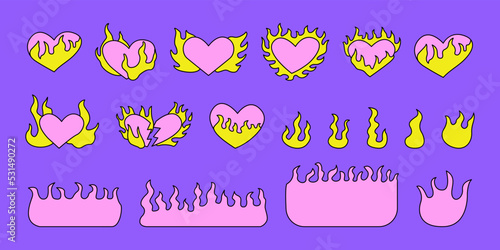 Set of flaming hearts and flames in y2k, 00s, 90s style. Vector illustration ob isolated background. Retrowave psychedelic concept