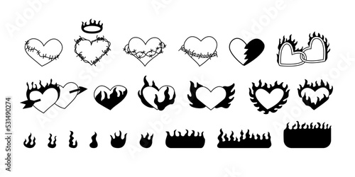 Set of flaming hearts in y2k, 00s, 90s style. Tattoo vector illustration on isolated backgound. Black and white. 