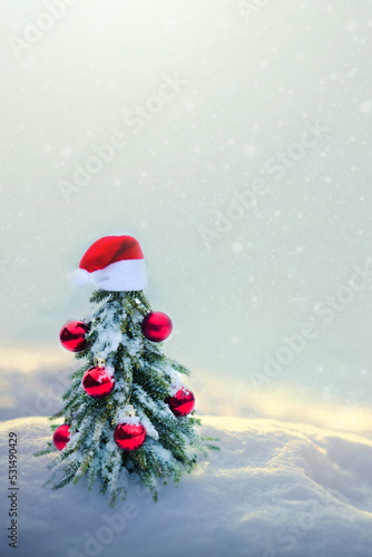 Christmas tree with red Santa hat on white snow.