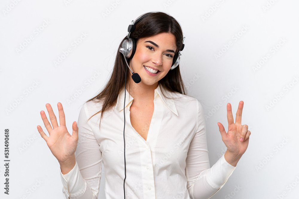 Telemarketer caucasian woman working with a headset isolated on white background counting eight with fingers Telemarketer caucasian woman working with a headset isolated on white background counting eight with fingers