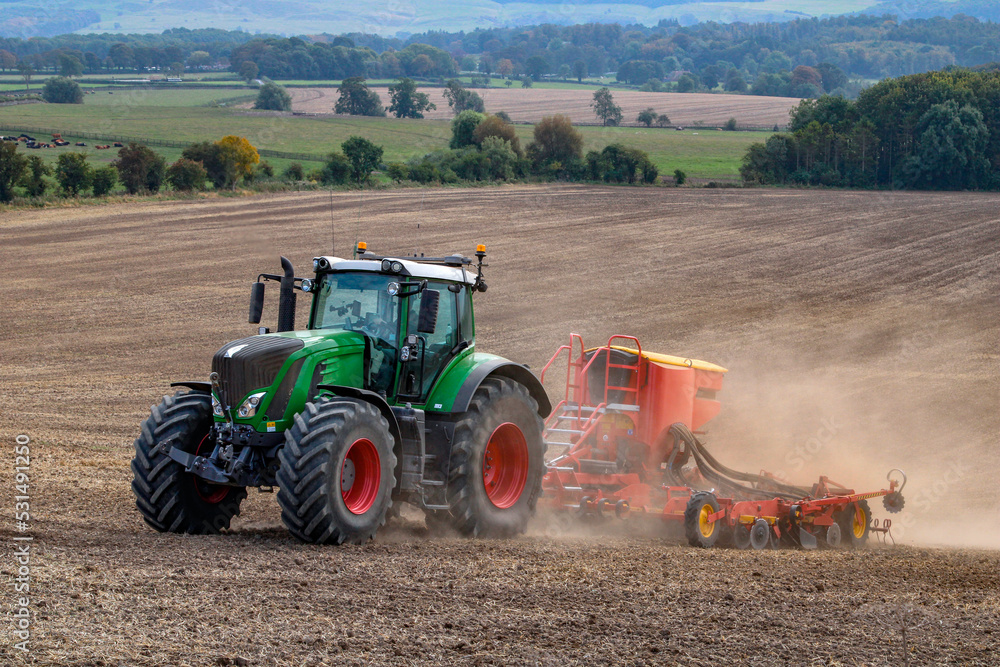 Fototapeta premium Tractor and seed drill - Yorkshire - England