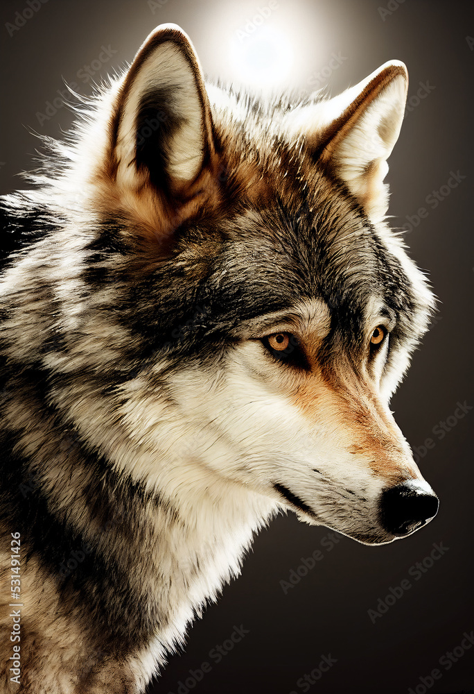 Realistic wolf portrait, generative AI