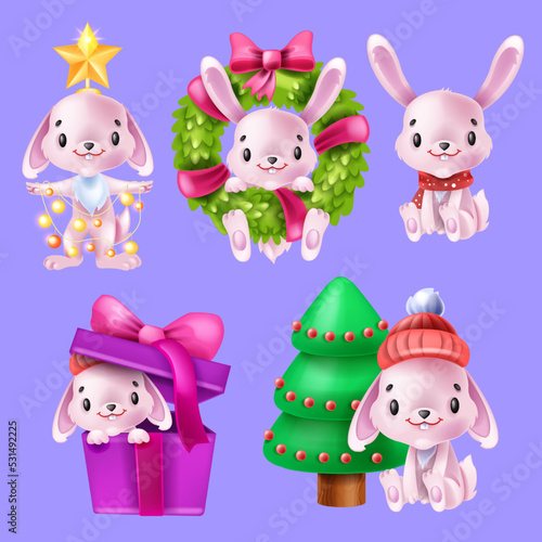 New Year 2023 rabbit set, ribbon, vector cute cartoon Chinese bunny, winter symbol, holiday wreath. Adorable asian character kit, little children hare, red hat, box. Cartoon pink rabbit mascot clipart