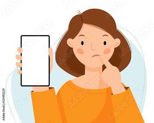 A cute girl is holding a phone in her hands. a woman shows an empty phone and thinks, doubts, does not trust. Negative emotion. 