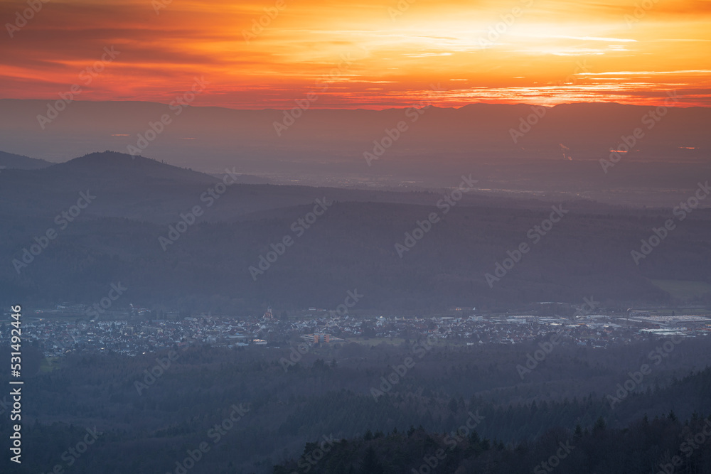 Burning sunset over the entrance to the Murg Valley in the northern Black Forest