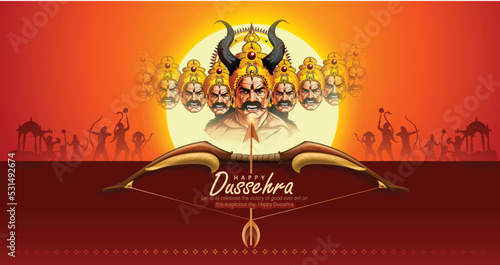 Happy Dussehra, illustration of Bow and Arrow of Rama, killing Ravana in Dussehra, Ram Navami, Vijayadashami  photo