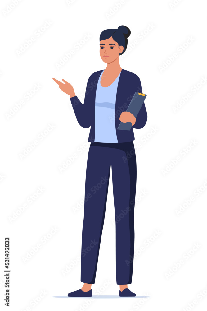 Woman introduce, show and present something. Business speaker standing with clipboard and pointing direction, gesturing with arm. Female presenter. Vector illustration.