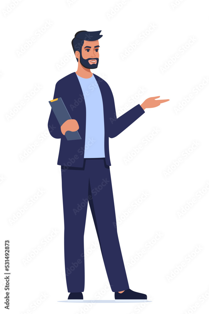 Young character with clipboard standing isolated on white background. Man introduce, show and present something. Business speaker standing with clipboard. Male presenter. Vector illustration.