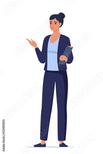 Woman introduce, show and present something. Business speaker standing with clipboard and pointing direction, gesturing with arm. Female presenter. Vector illustration.