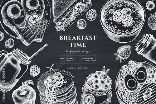 Breakfast hand drawn illustration design. Background with chalk sandwich, pancakes, bowl with avocado, porridge with berries, chia pudding, fried eggs, raspberry, blueberry, strawberry, apples, paper