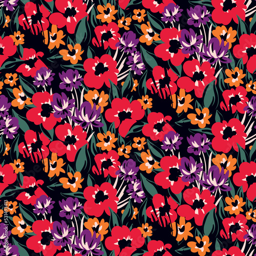 Seamless floral pattern  artistic ditsy print with vintage motifs. Hand drawn botanical design with small wild flowers  leaves on a black background. Vector illustration.