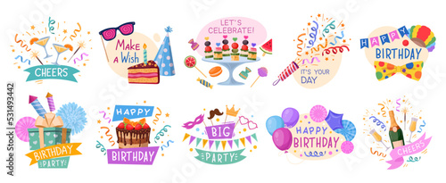 Happy birthday party celebration badges, cartoon festive elements. Hand drawn birthday gifts, balloons and candles labels flat vector illustration collection. Carnival HB party design set