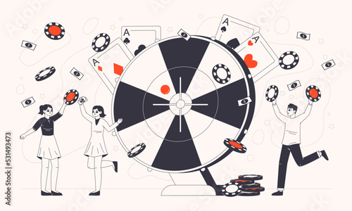 Casino lucky people play roulette and winning jackpot. Gamers spinning fortune wheel, happy gambling people win million flat vector illustration. Lucky casino winners