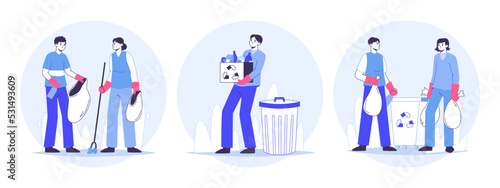 Outline people collecting and sorting waste. Flat characters cleaning trash and taking care of environment vector symbols illustrations set. Trash collecting scenes