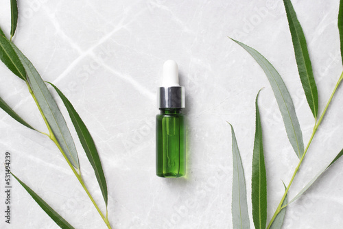 Green serum bottle with branch leaves on marble background. Beauty concept for face and body care
