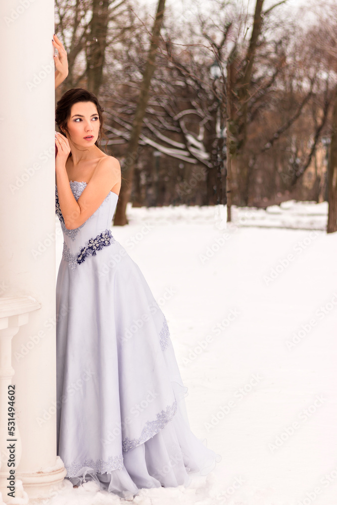 Beautiful woman in a luxurious blue fairy-tale dress in a snowy forest Beautiful woman in a luxurious blue fairy-tale dress in a snowy forest