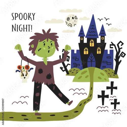 Zombie child with candy castle. Boy in scary costume collects sweets. Halloween kids graphic. Cartoon flat vector 