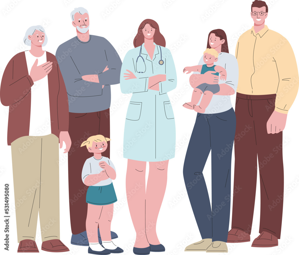Family doctor. Physician care people different age, nurse and patients smile. Human health from baby to senior, people group and hospital professional kicky vector scene Family doctor. Physician care people different age, nurse and patients smile. Human health from baby to senior, people group and hospital professional kicky vector scene