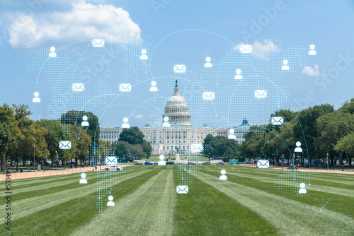 Capitol dome building exterior, Washington DC, USA. Home of Congress and Capitol Hill. American political system. Social media hologram. Concept of networking and establishing new people connections