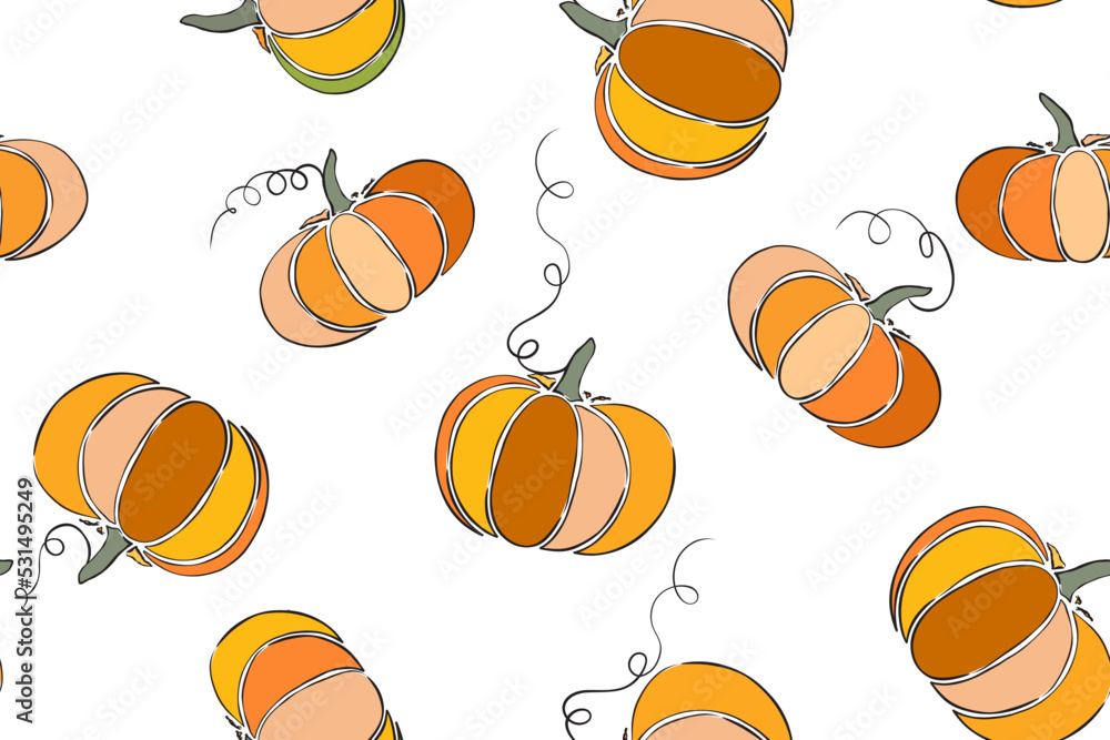 Vector cartoon illustration, hello autumn. Seamless pattern with cozy orange pumpkins, green pumpkin leaves. Thanksgiving day background. Hygge time. Halloween party kitchen linen decor with squash.