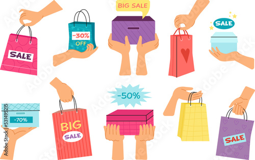 Female hands holding shopping bags from sale. Discount in retail, women hold colorful paper bag. Decent gift or present from store vector collection
