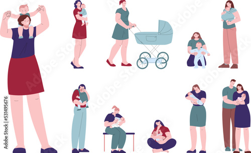 Mother hug laughing baby. Infant babies with mothers, young woman with stroller. Smile cute family with newborn, kicky person with little children vector set
