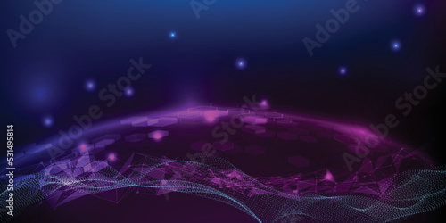 Vector illustration of futuristic glowing globe on dark blue purple background.Digital communication innovation and technology concepts.
