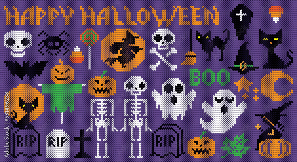 Knitted elements for Happy Halloween. Boo, ghost, skeleton, skull, witch, hat, full moon, pumpkin, jack o lantern, bat, candy, spider, coffin, grave, black cat, broom, stars. Vector illustration.