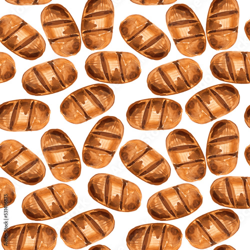 Watercolor pattern of bread selection. Bread buns in golden brown baked color. Hand illustrated. 