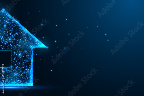 Futuristic house, home concept banner in glowing low polygonal style on dark blue background.