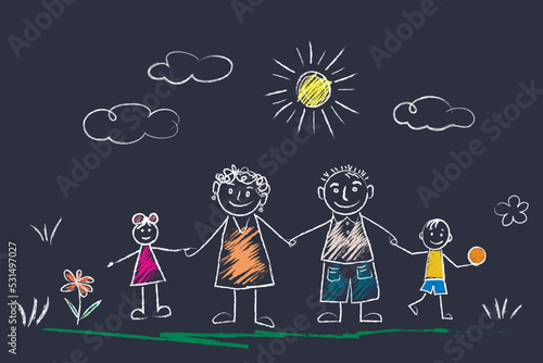 little girl and boy holding hands with mother and father, sun, clouds, flowers, summer day. Family on a walk. doodles are drawn by a child's hand with chalk on asphalt or on a school board.