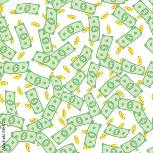 Dollar banknotes and golden coins seamless pattern. Financial wrapping background. Abstract repeating texture with USA currency signs. Stylized vector eps8 illustration.