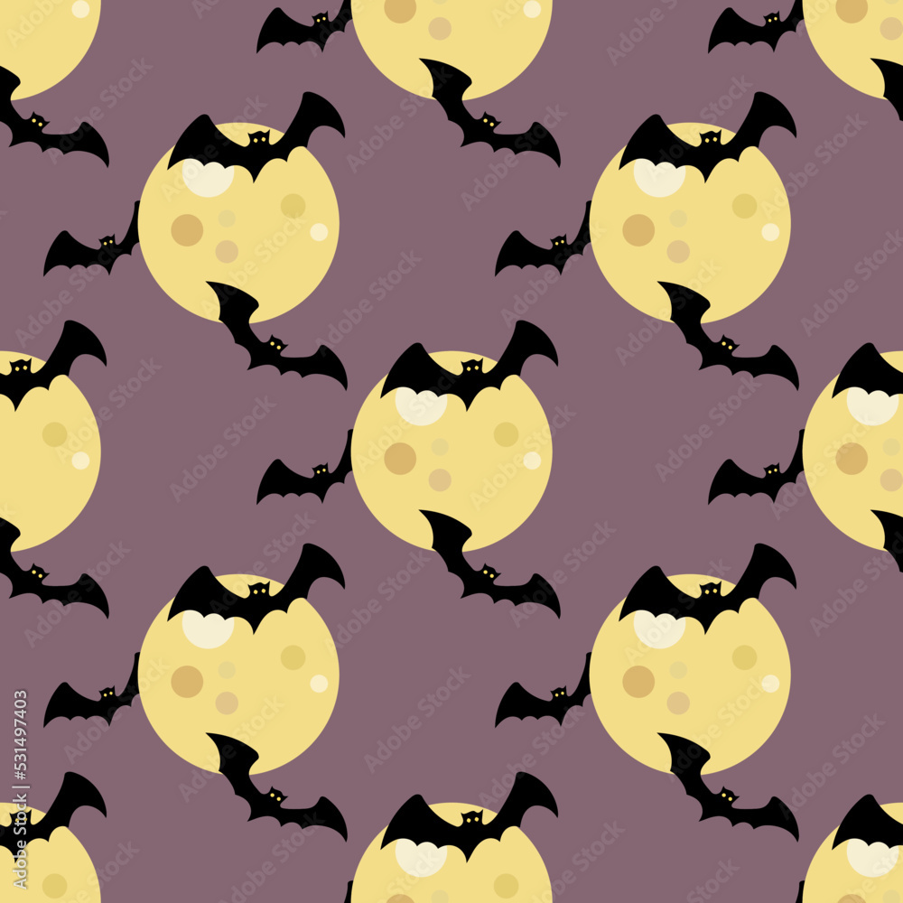 Seamless Halloween pattern with bats flying around the moon. Hand drawn vector illustration for Halloween party decoration, scrapbooking, textile, wall paper, greeting cards design.