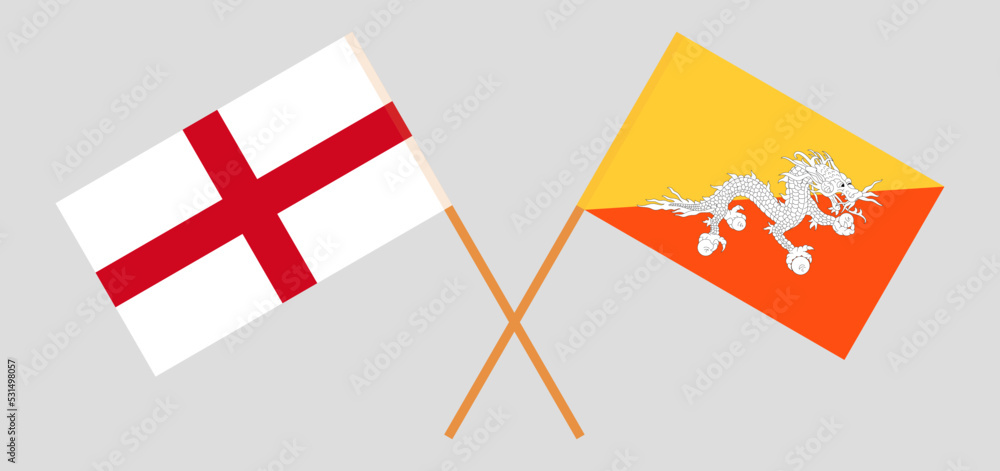 Crossed flags of England and Bhutan. Official colors. Correct proportion