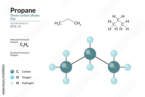 Propane. Liquefied Petroleum Gas. Structural Chemical Formula and Molecule 3d Model. C3H8. Atoms with Color Coding. Vector Illustration