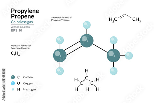 Propylene. Propene. Structural Chemical Formula and Molecule 3d Model. C3H6. Atoms with Color Coding. Vector Illustration