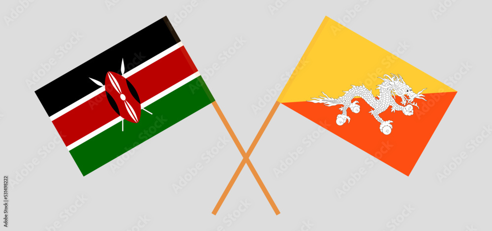 Crossed flags of Kenya and Bhutan. Official colors. Correct proportion