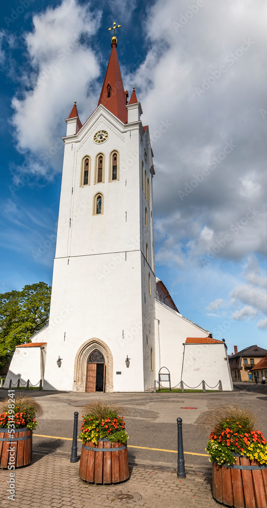 Renovated medieval church and city square in old Latvian city Cesis