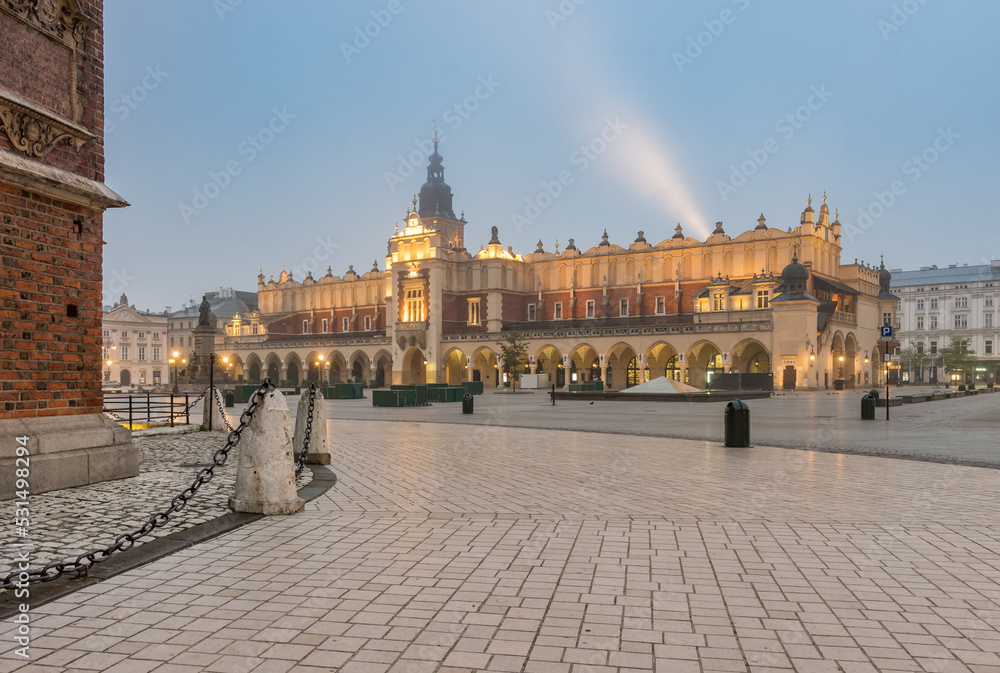 Main market square  and Cloth Hall in the night (dawn), Krakow, Poland
